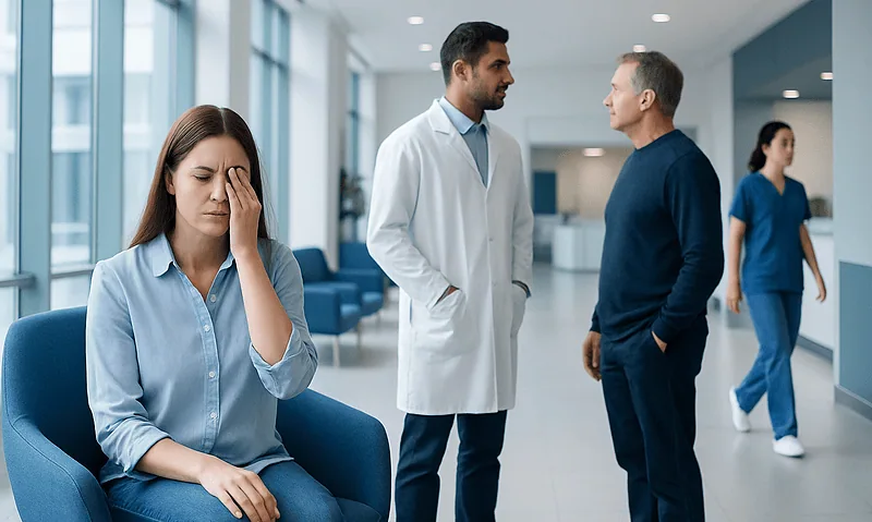 Patient experiencing eye pain in a hospital waiting area.