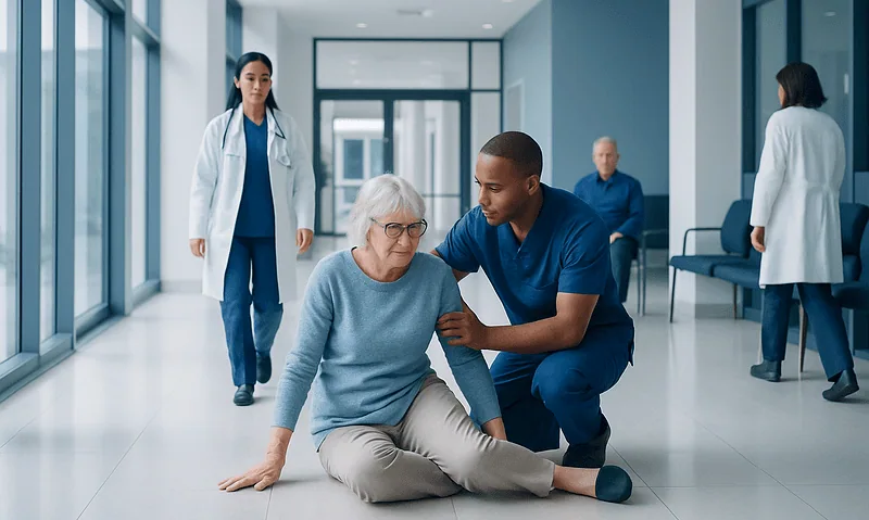 Elderly woman receiving medical assistance in hospital corridor.