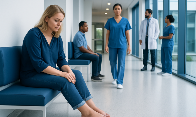 Woman with swollen feet waiting in hospital corridor at Acibadem Hospitals.