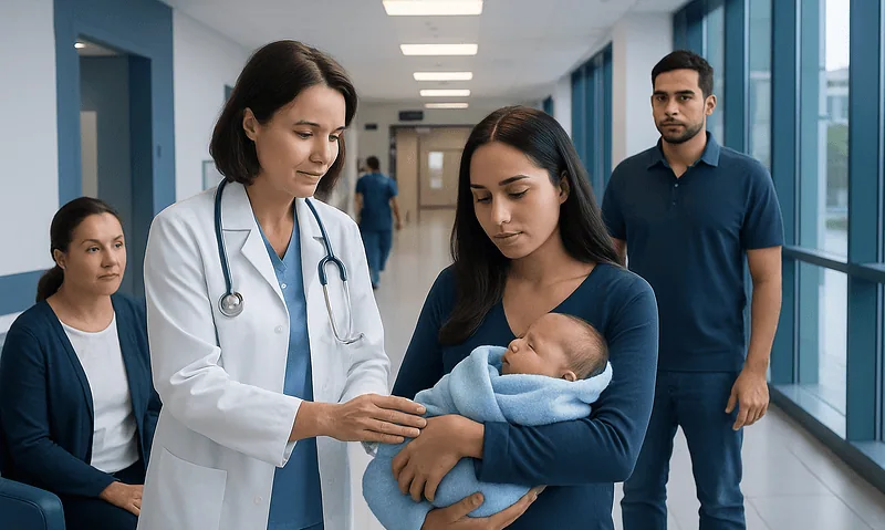 Doctor examining a newborn in a hospital corridor with family members present.