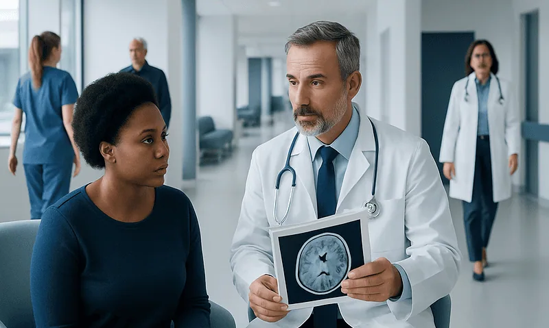 How Stroke Specialists Diagnose the Cause of a Stroke 17 Doctor explaining brain scan to patient in hospital corridor.
