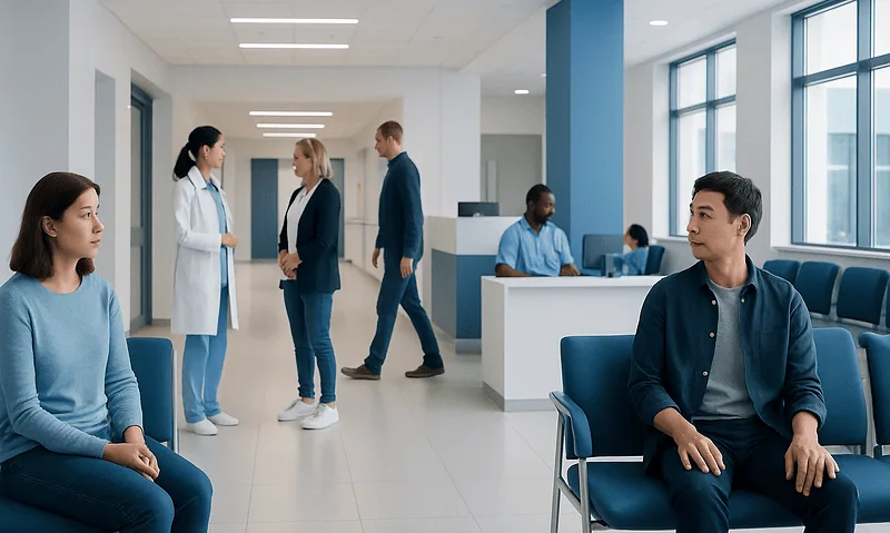 Patients waiting and consulting at Acibadem Hospital reception area.