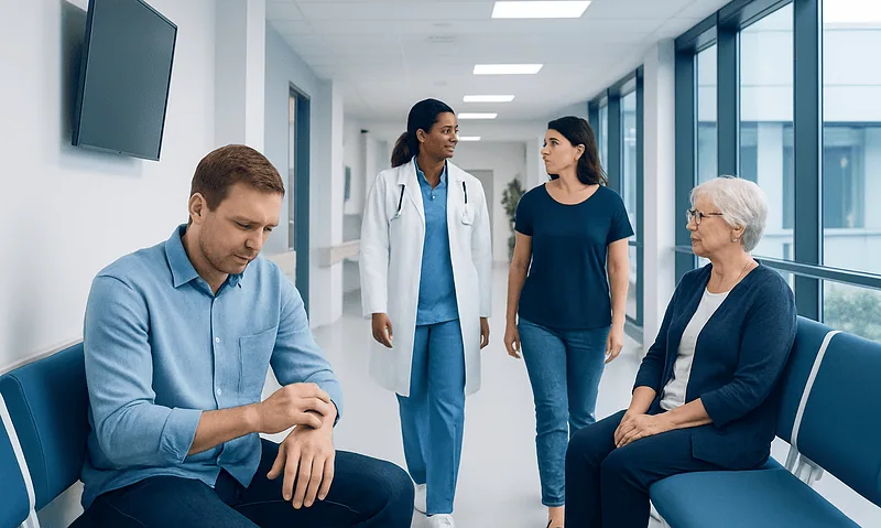 Medical consultation in a hospital corridor with diverse healthcare professionals and patient.