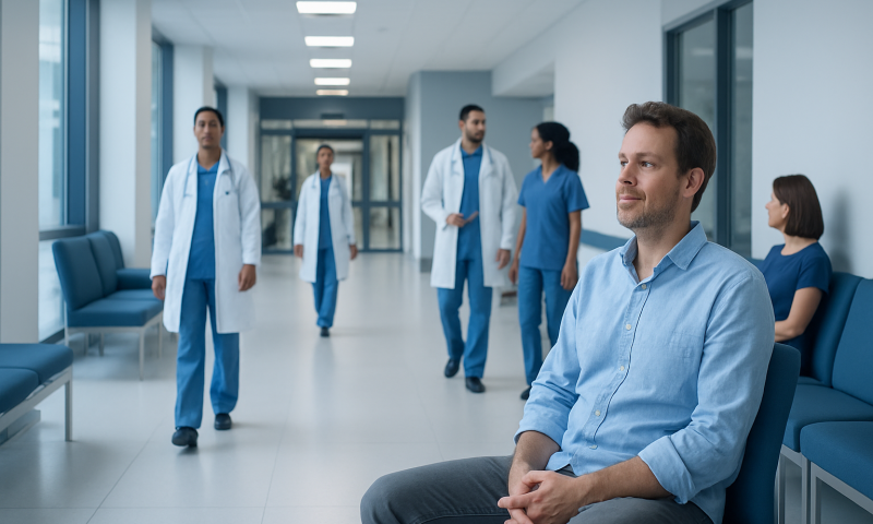 Why Do I Fart So Much? Causes, Explanations, and Next Steps 5 Patient waiting in hospital corridor with medical staff in background.