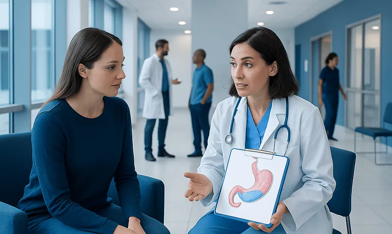 Doctor explaining gastric health to patient in hospital corridor.