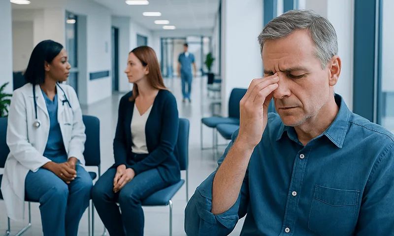 Glaucoma Without Symptoms: Who Should Get Eye Pressure and Nerve Testing? 8 Man experiencing eye discomfort during eye exam at hospital.