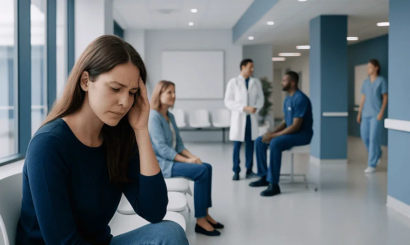 Young woman experiencing headache in hospital waiting area.
