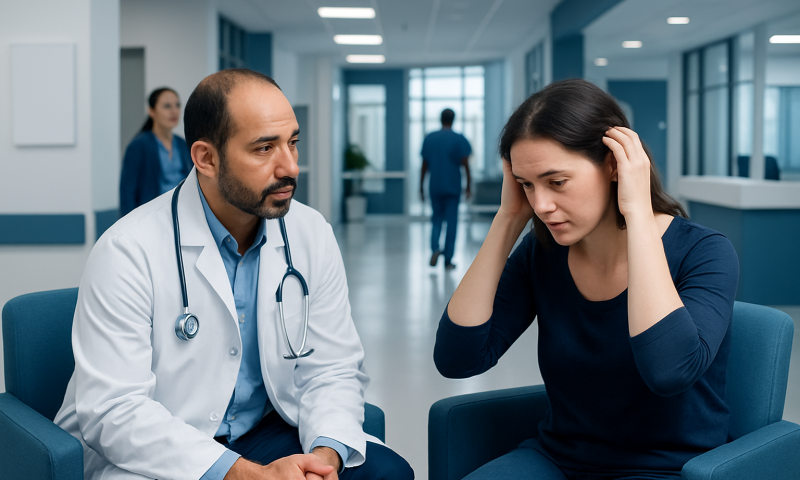 Doctor consulting with a woman about hair loss in a hospital corridor.