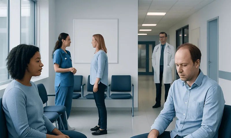 Doctor consulting with patient in a hospital corridor.