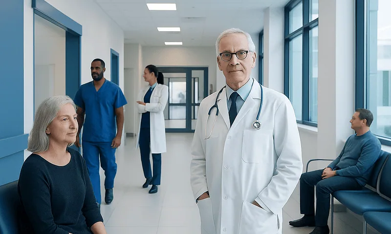 Medical professionals and patients in a hospital corridor at Acibadem Hospitals Group.