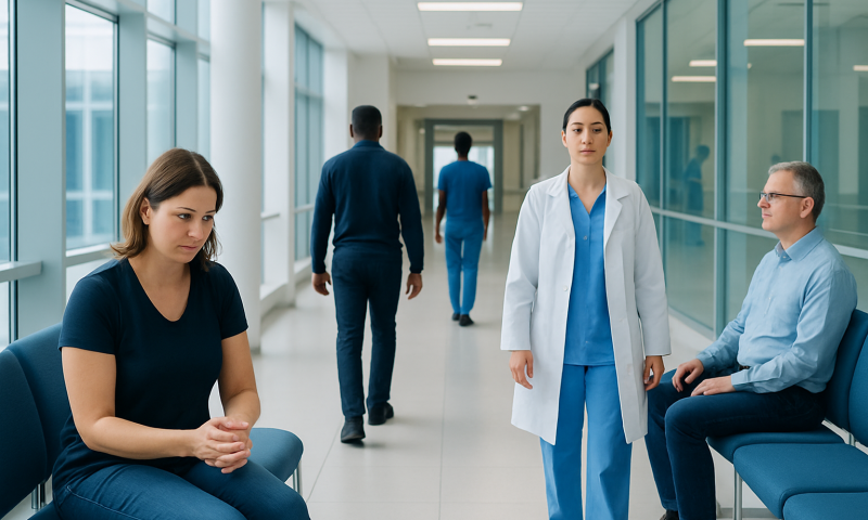 Patients waiting in a hospital corridor with medical staff present.