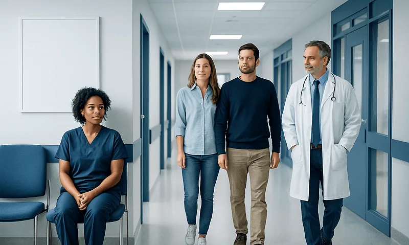 Medical team and patient in hospital corridor at Acibadem Hospitals Group.