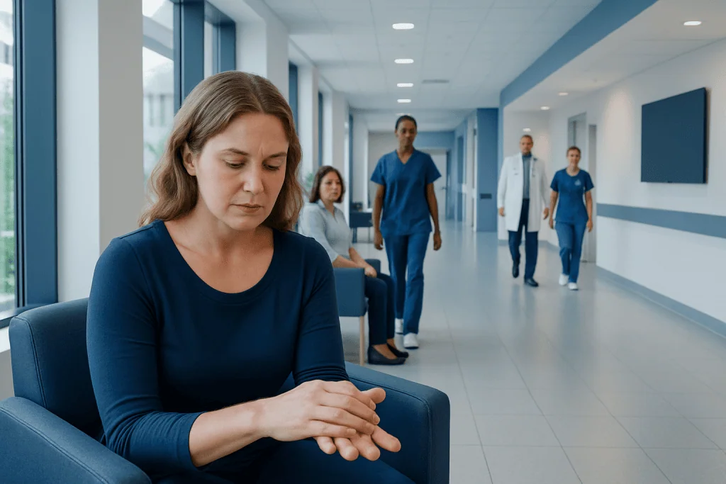 Swollen Hands in the Morning Explained: Common Triggers and Red Flags 1 Woman with swollen hands waiting in hospital corridor with medical staff nearby.