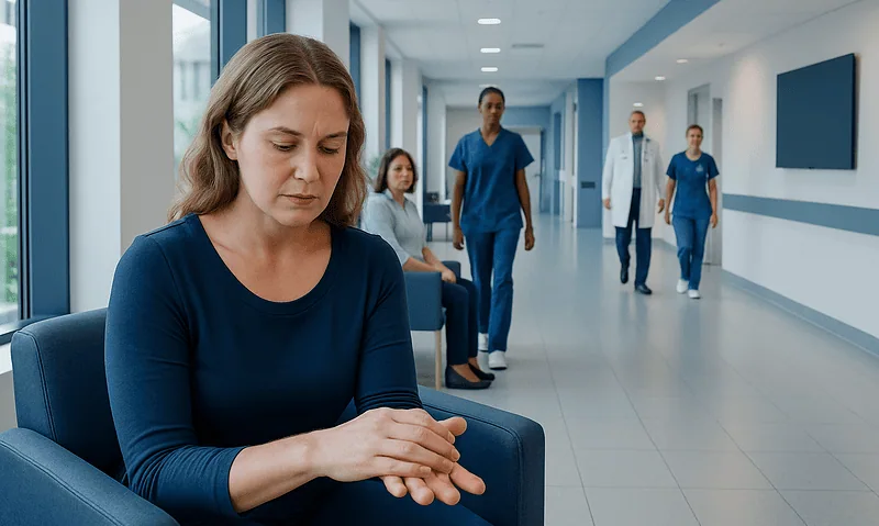 Woman with swollen hands waiting in hospital corridor with medical staff nearby.