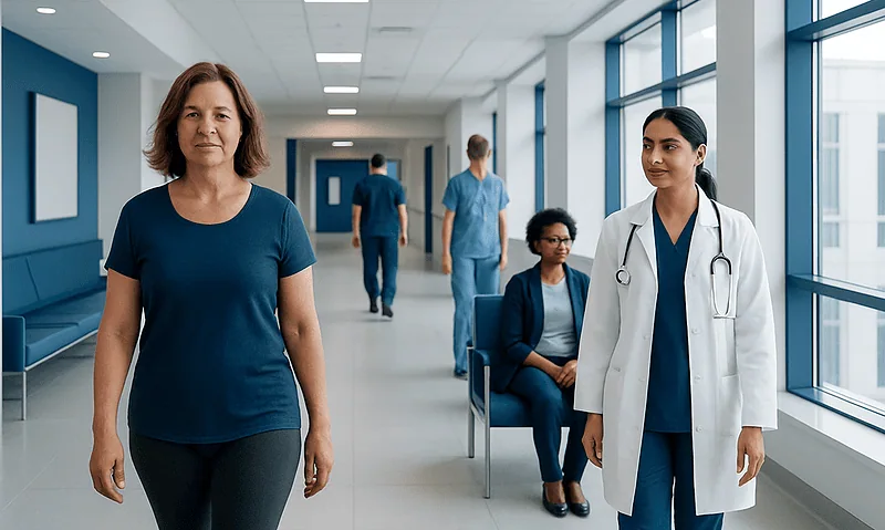 Why Do My Hands Swell When I Walk? Here Is What the Evidence Says 12 Healthcare professionals and patient in a hospital corridor.