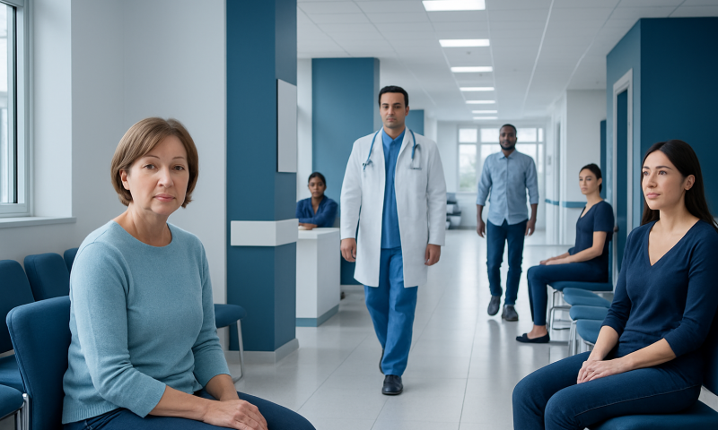 Medical professionals and patients in a hospital corridor.
