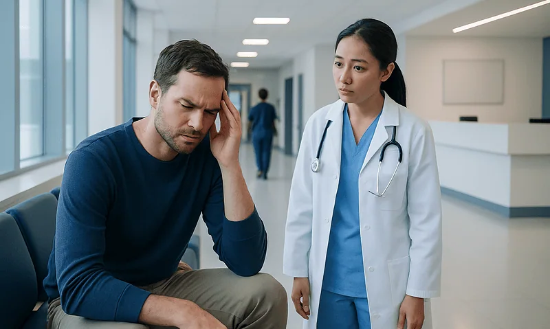 Patient experiencing headache and dizziness in hospital corridor.
