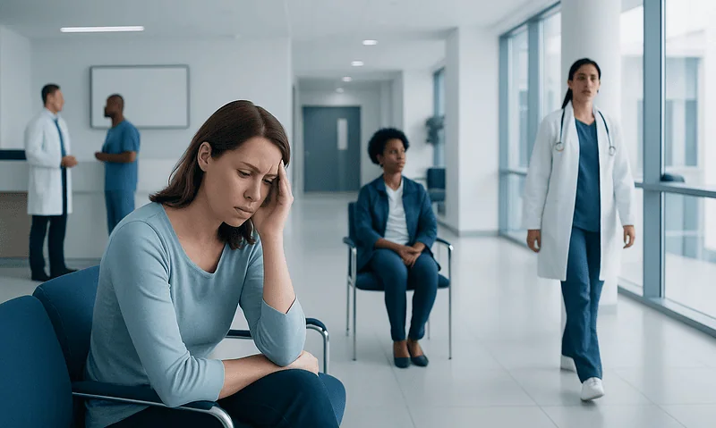 Patient experiencing headache in hospital waiting area with medical staff nearby.