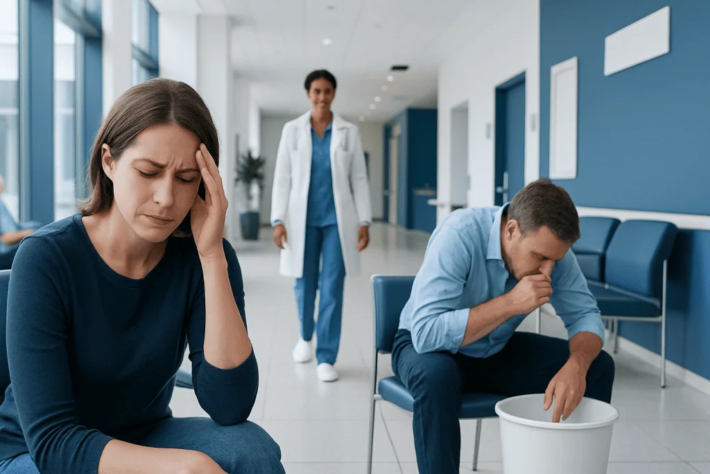Headache and puking: Common Causes, Warning Signs, and When to Worry 1 Patients experiencing headache and nausea in hospital waiting area.