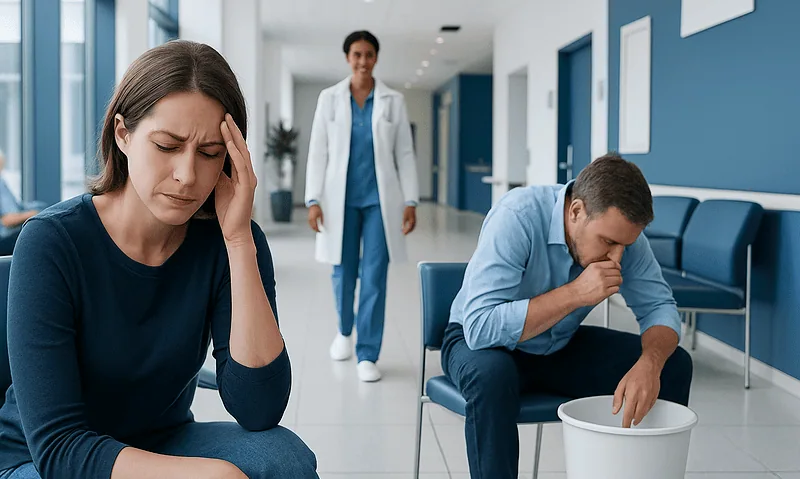 Patients experiencing headache and nausea in hospital waiting area.