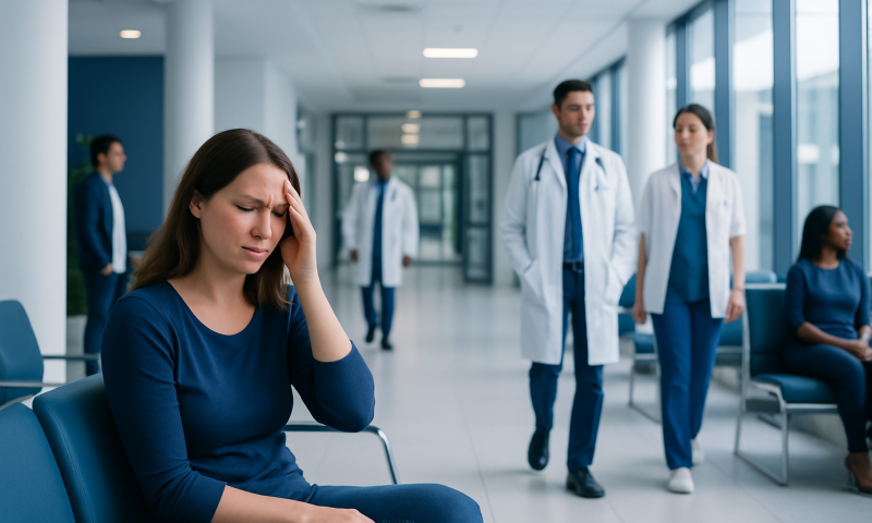 Nauseous with Headaches and Dizzy: Common Causes, Related Conditions, and When to See a Doctor 9 Woman with headache in hospital waiting area with medical staff nearby.