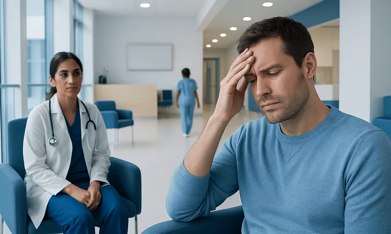 Patient with headache consulting a doctor in hospital.
