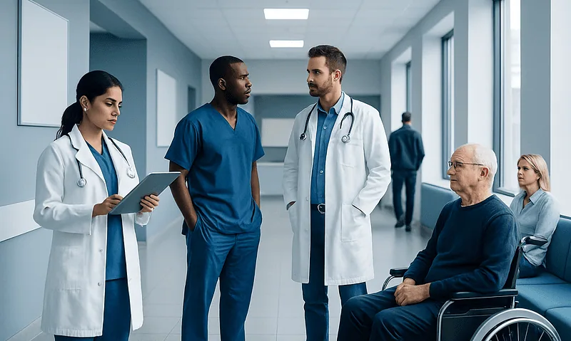 Medical team discussing patient care in hospital corridor.