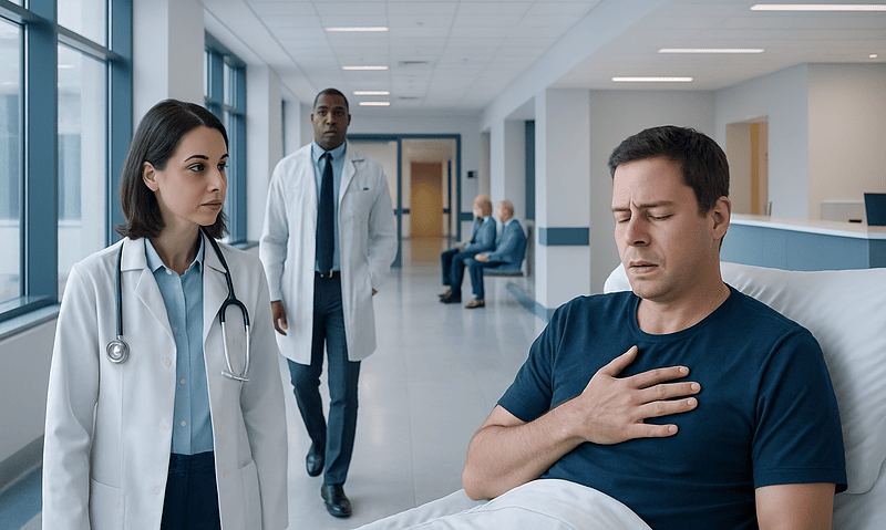 Patient experiencing chest discomfort in hospital room with medical staff nearby.