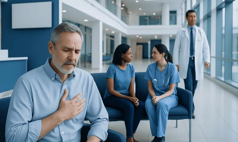 Patient experiencing chest discomfort in a hospital waiting area.