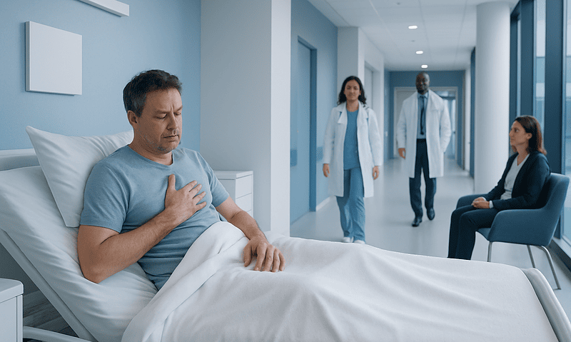 Patient experiencing chest discomfort in hospital bed with medical staff nearby.