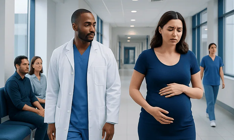 Pregnant woman experiencing discomfort in hospital corridor with medical staff nearby.