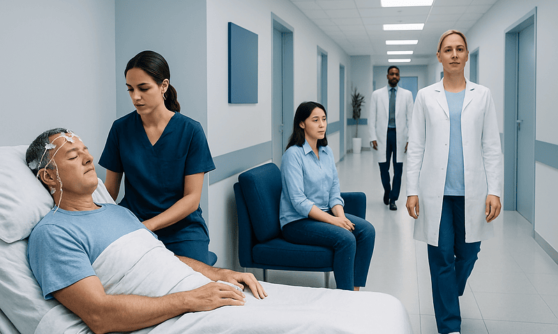 Hospital staff attending to a patient in a neurological sleep testing room.