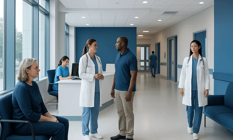 Choosing a Hospital for Stroke and Neurovascular Care: Questions Patients Should Ask 9 Medical professionals consulting with a patient in a hospital corridor.