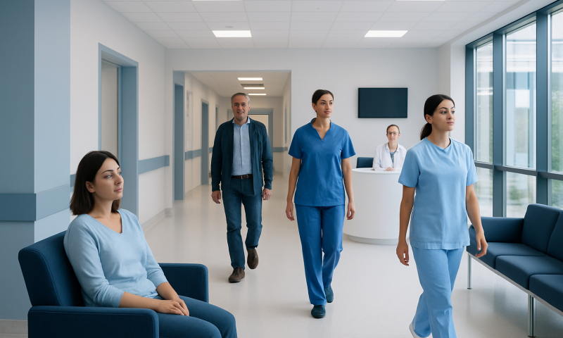 Hospital corridor with medical staff and patient in a modern healthcare facility.