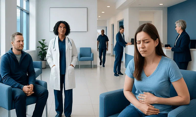 Young woman experiencing nausea in a hospital waiting area.
