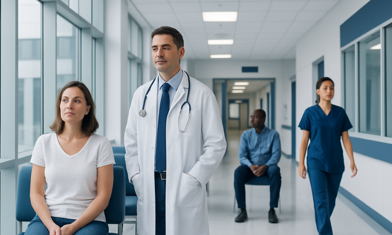 Doctor with patients in hospital corridor at Acibadem Hospitals Group.
