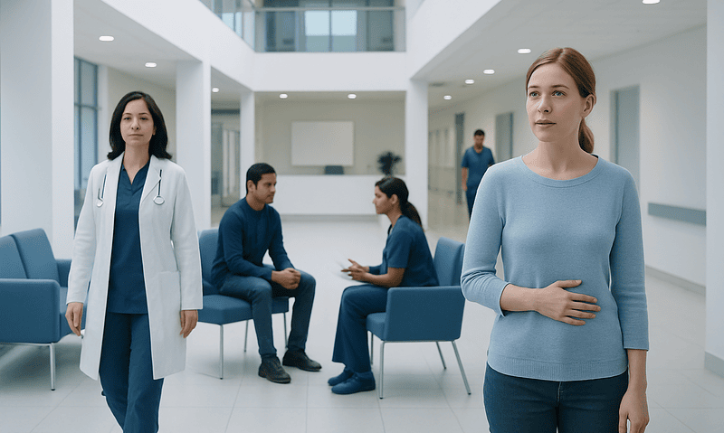 Patients waiting in a hospital lobby with medical staff present.