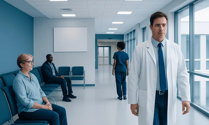 Doctor waiting in hospital corridor with patients seated nearby.