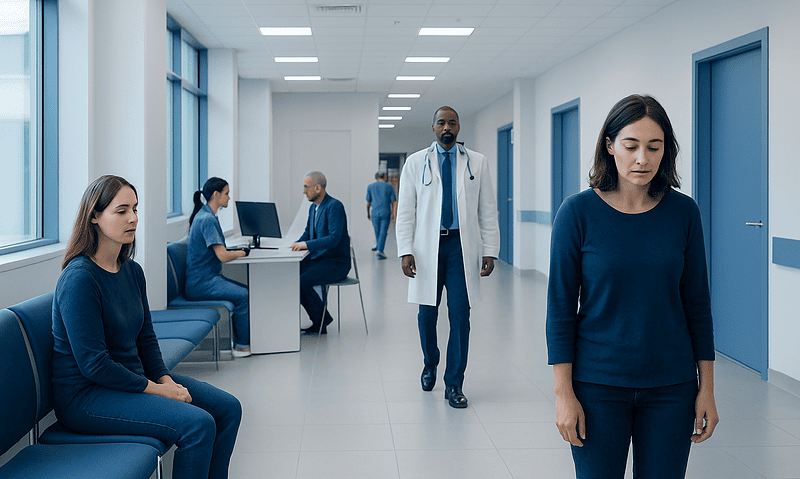 Patients waiting in a hospital corridor with a doctor approaching.