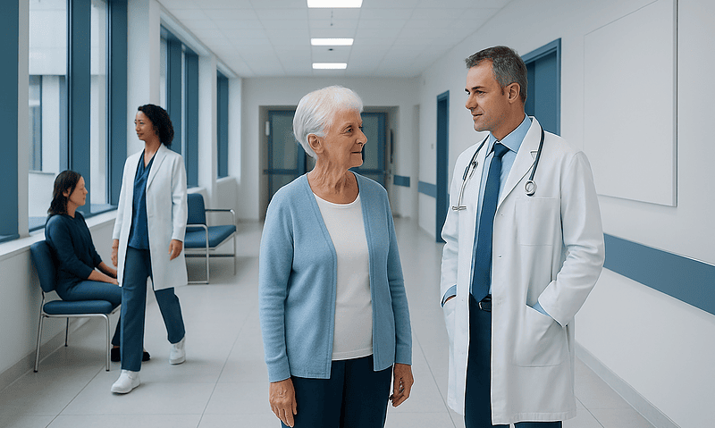 Doctor talking to elderly woman in hospital corridor with staff in background.