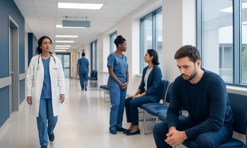 Hospital corridor with healthcare professionals and patients waiting.