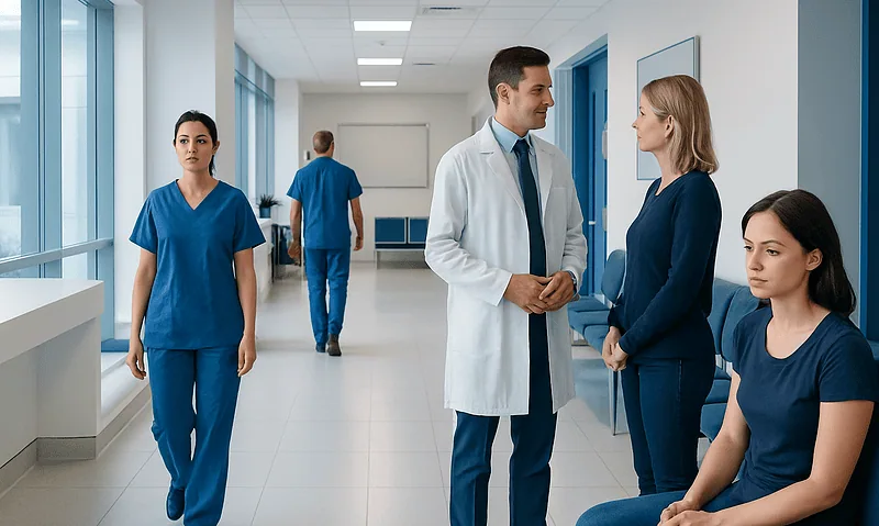 Medical team discussing patient care in hospital corridor.