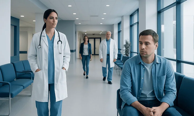 Doctor and patient in hospital corridor with medical staff in background.