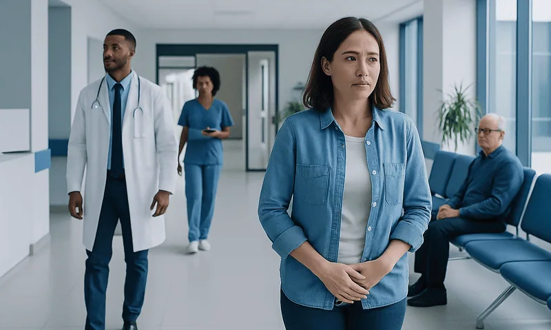 Woman waiting in hospital corridor with medical staff and patient.