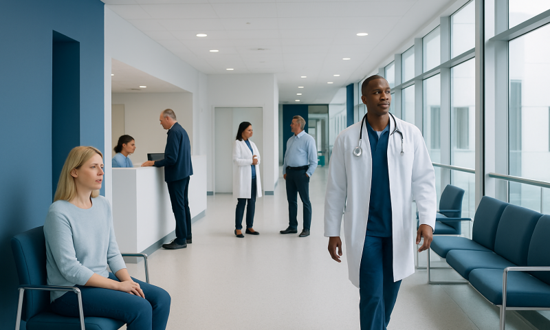 Medical professionals and patients in a modern hospital corridor.