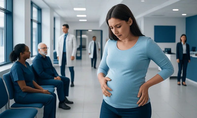 Itching While Pregnant Explained: Causes, Management, and When to See a Doctor 15 Pregnant woman experiencing abdominal discomfort in hospital waiting area.