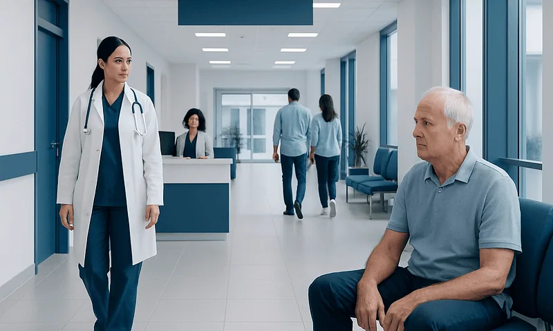 Doctor speaking with elderly patient in hospital corridor.