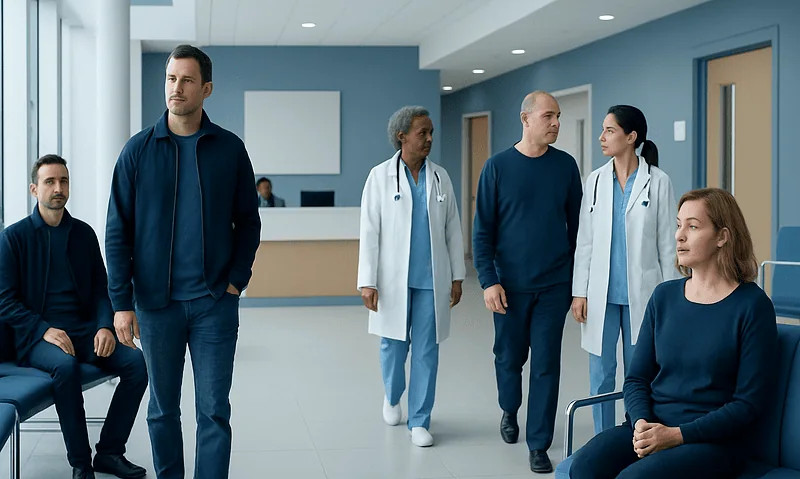 Patients and medical staff in a hospital corridor at Acibadem Hospitals Group.