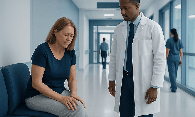 Doctor consulting a woman with knee pain in hospital corridor.