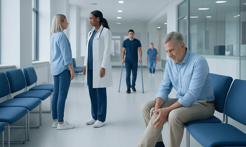 Patient with leg pain consulting with healthcare professionals in hospital corridor.